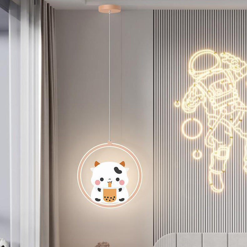 Modern Simplicity Kids Aluminum Iron Acrylic Circle Bear Cow LED Pendant Light For Bedside