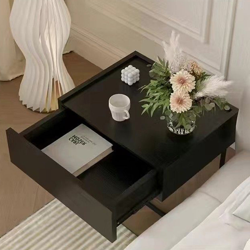 Modern Minimalist Rectangular Solid Wood Iron Nightstand 1-Drawer For Bedroom