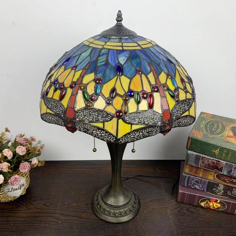 Traditional Tiffany Umbrella Flower Dragonfly Alloy Stained Glass 2-Light Table Lamp For Bedroom