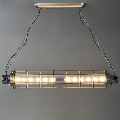 Contemporary Industrial Cylinder Grid Iron Glass 2-Light Island Light Chandelier For Dining Room