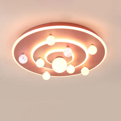 Contemporary Creative Kids Round Planet Iron Acrylic LED Flush Mount Ceiling Light For Bedroom