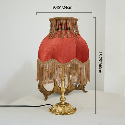 Traditional French Fabric Tassel Shade Full Copper Base 1-Light Table Lamp For Home Office