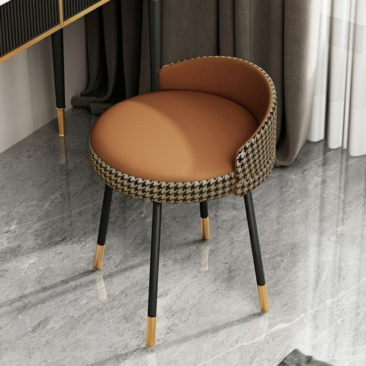 Contemporary Nordic Round Houndstooth Leather Fabric Splicing Vanity Stool Low Back For Bedroom