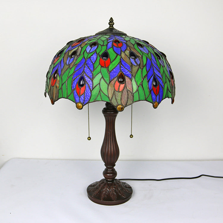 Traditional Tiffany Stained Glass Peacock Sunflower Resin Base 2-Light Table Lamp For Study