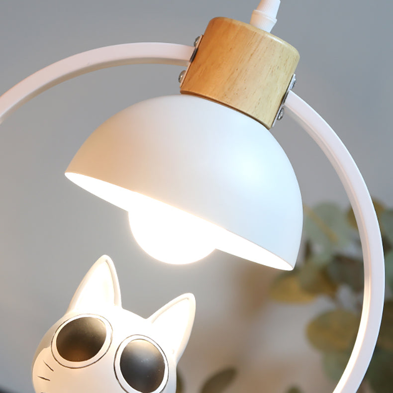 Contemporary Nordic Wood Iron Resin Round Cartoon Cat 1-Light Pendant Light For Bedside