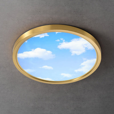 Modern Simplicity Full Copper Blue Sky Cloud Design Round Acrylic Shade LED Flush Mount Ceiling Light For Living Room