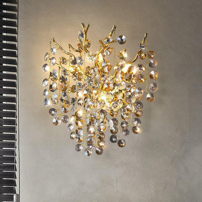 Modern Luxury Aluminum Crystal Branch Bead 2/3 Light Wall Sconce Lamp For Living Room