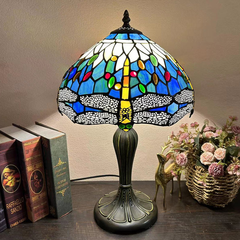 Traditional Tiffany Round Dome Flower Alloy Stained Glass 1-Light Table Lamp For Living Room