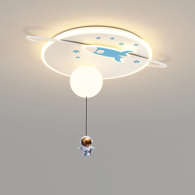 Contemporary Creative Iron Acrylic Rocket Astronaut LED Kids Flush Mount Ceiling Light For Bedroom