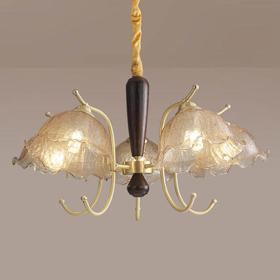 Traditional French Cream Flower Iron Solid Wood Glass 3/5 Light Chandelier For Living Room