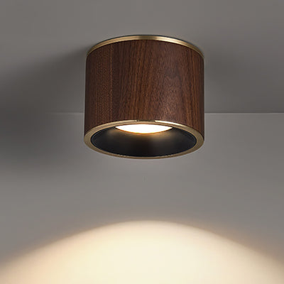 Traditional Chinese Walnut Aluminum Round Cylinder LED Flush Mount Ceiling Light For Hallway