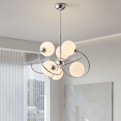 Modern Mid-Century Milk White Glass Ball Chrome Ring 6-Light Chandelier For Living Room