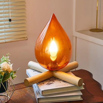 Contemporary Creative Flame Fire Pile Solid Wood Glass 1-Light Table Lamp For Bedroom