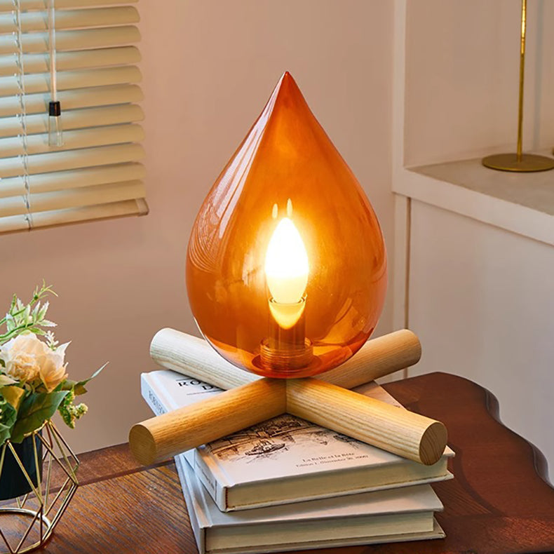 Contemporary Creative Flame Fire Pile Solid Wood Glass 1-Light Table Lamp For Bedroom