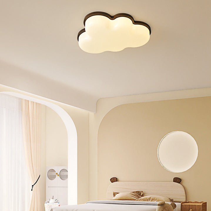 Modern Minimalist Cloud Shaped Rubberwood Acrylic LED Flush Mount Ceiling Light For Bedroom