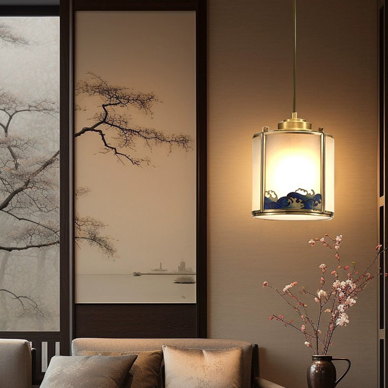 Traditional Chinese Painting Cylinder Copper Solder 1/3/6 Light Island Light Chandelier For Living Room