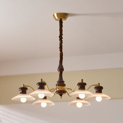 Traditional Vintage Brass Iron Ash Wood Glass Round Bowl 3/6/8 Light Chandeliers For Dining Room