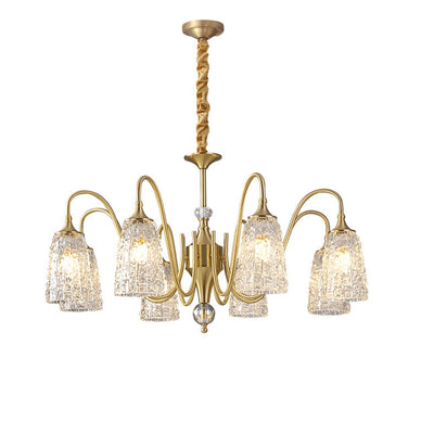 Traditional French Full Copper Frame Water-ripple Glass Cup Shade 5/6/8/10-Light Chandelier For Living Room