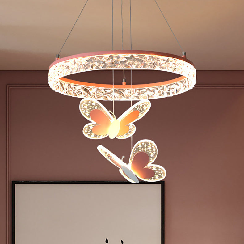 Contemporary Creative Kids Round Butterfly Iron Acrylic LED Chandelier For Bedroom