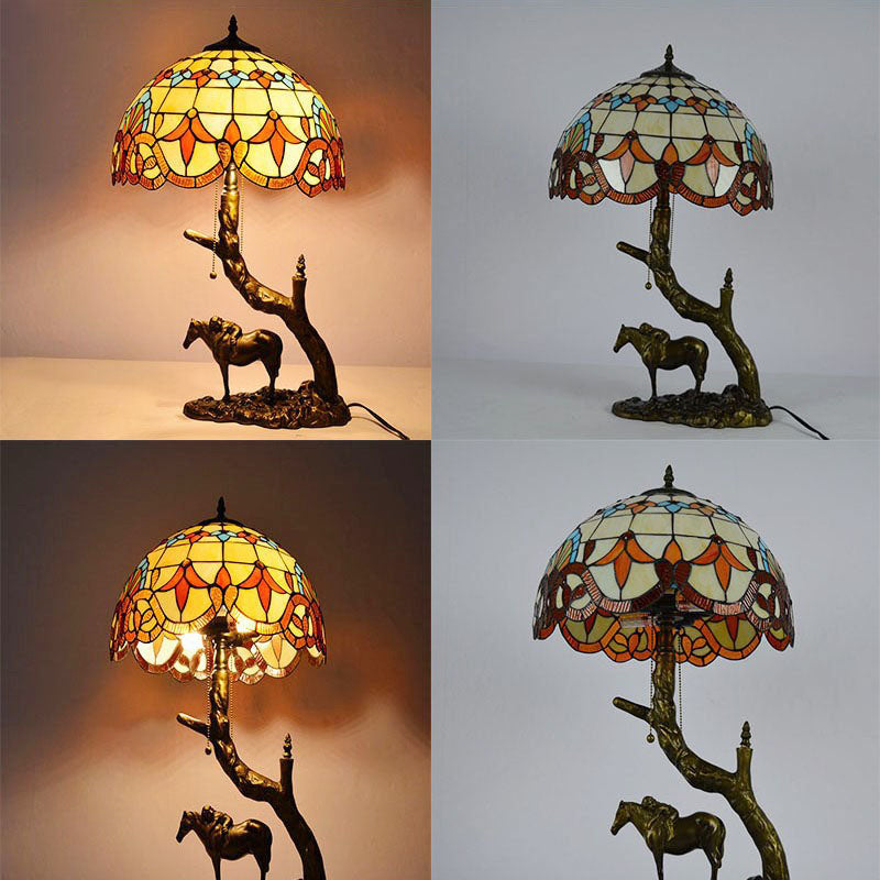 Traditional Tiffany Resin Glass Dome Conic Hemispheric Branch Horse Base 2-Light Table Lamp For Study