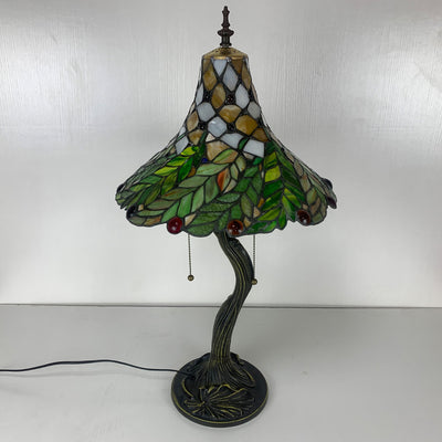 Traditional Tiffany Alloy Glass Horn Flower Leave 2-Light Table Lamp For Bedside