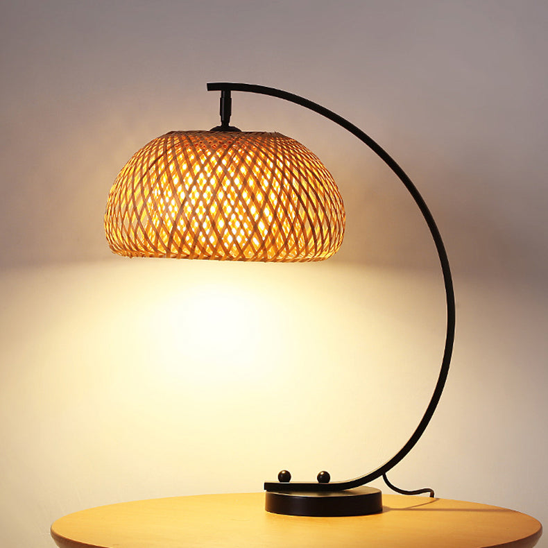 Traditional Chinese Curved Pole Round Mesh Shade Iron Bamboo 1-Light Table Lamp For Bedroom