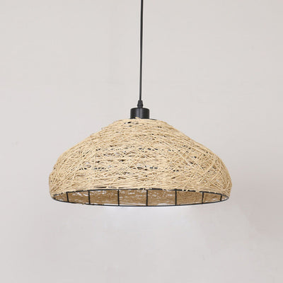 Traditional Chinese Rattan Weaving Round Shade 1-Light Pendant Light For Dining Room