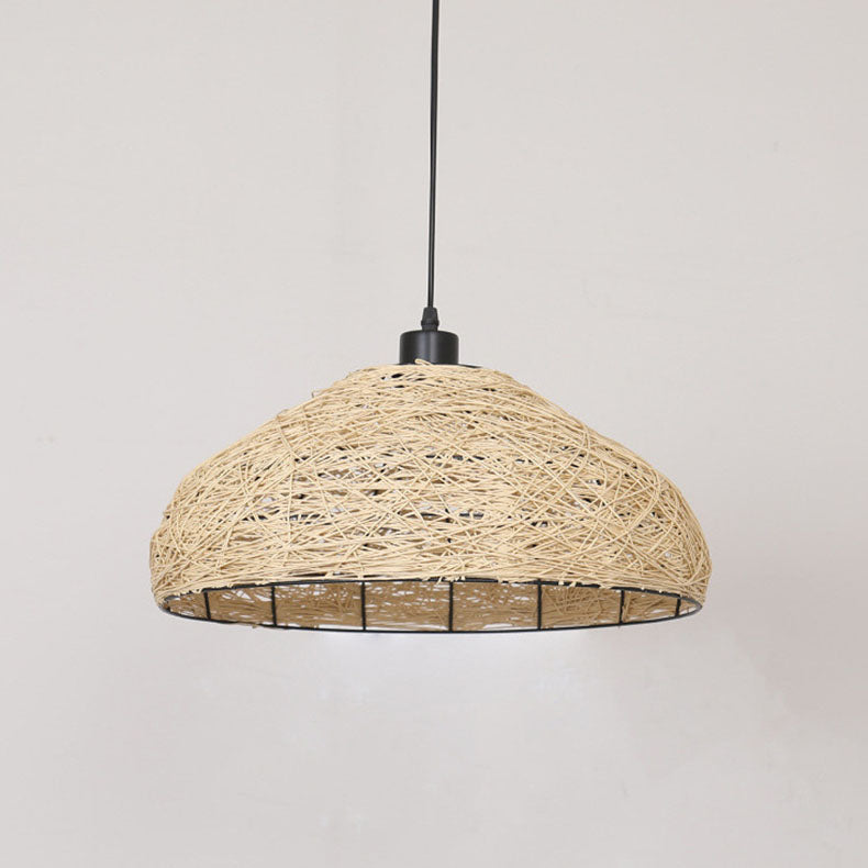 Traditional Chinese Rattan Weaving Round Shade 1-Light Pendant Light For Dining Room