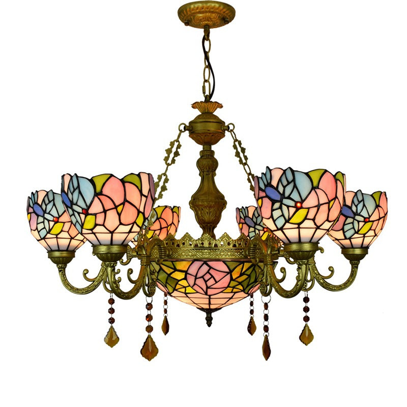 Traditional Tiffany Flower Dome Iron Glass Alloy 8/11 Light Chandeliers For Living Room