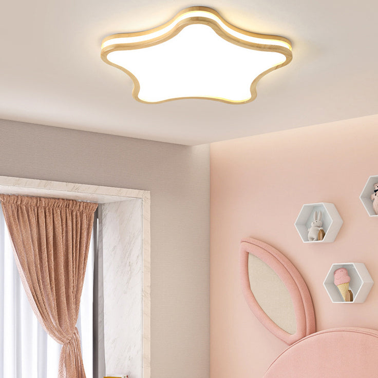 Contemporary Nordic Kids Rubber Wood Glass Star Cloud Moon LED Flush Mount Ceiling Light For Bedroom