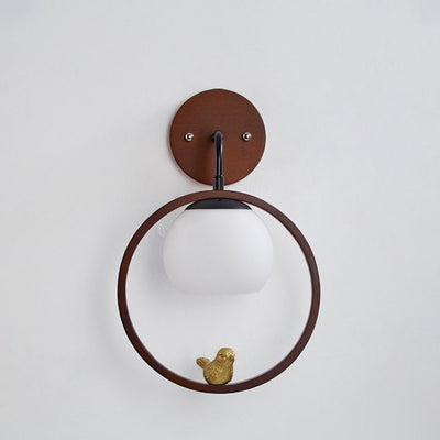 Modern Minimalist Circle Bird Wood Glass 1-Light Wall Sconce Lamp For Bedroom