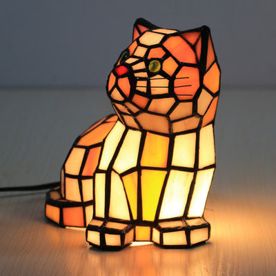 Lampe de table traditionnelle à 1 lumière en forme de chat en vitrail Tiffany pour chambre à coucher