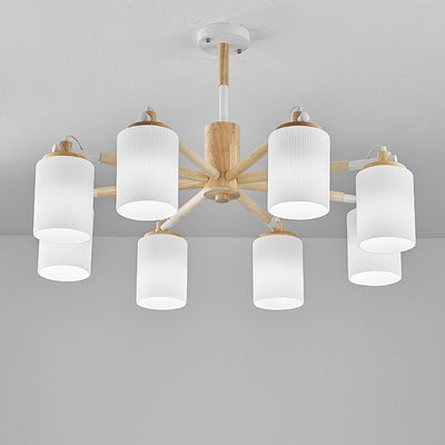 Contemporary Nordic Branch Cylinder Rubberwood Glass 8-Light Chandelier For Living Room