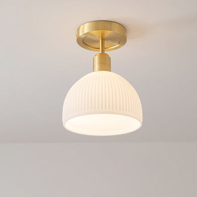 Modern Simplicity Antique Brass Frame Round Ribbed Glass 1-Light Semi-Flush Mount Ceiling Light For Dining Room