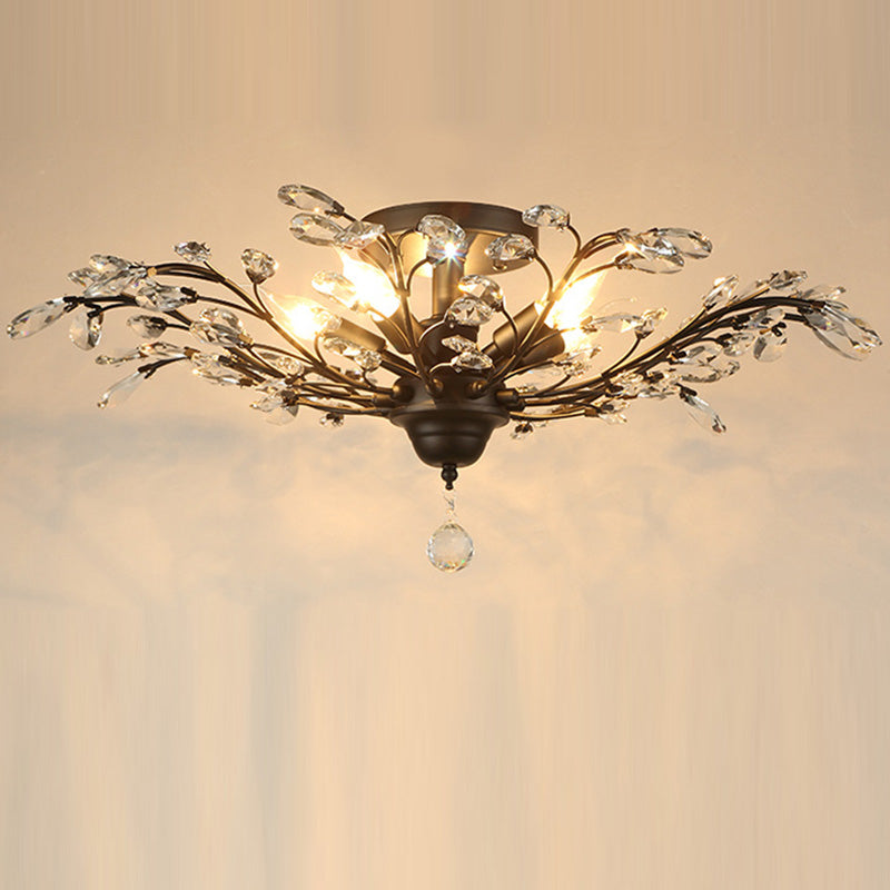 Traditional European Branch Iron Crystal 4/5/6 Light Semi-Flush Mount Ceiling Light For Living Room