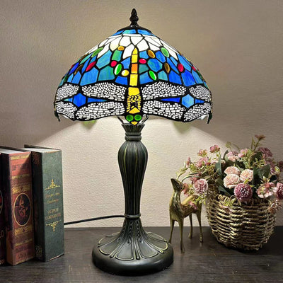 Traditional Tiffany Round Dome Flower Alloy Stained Glass 1-Light Table Lamp For Living Room