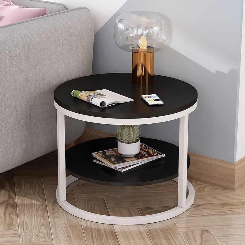 Modern Simplicity Round Wood Iron Frame Side Table 2-Tier For Living Room