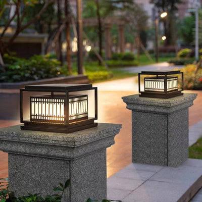 Traditional Chinese Square Stainless Steel Glass 1-Light Post Head Light For Garden