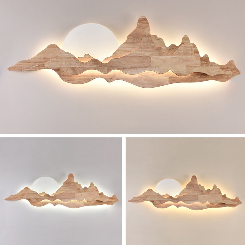 Modern Art Deco Round Mountain Shaped Wood Acrylic LED Wall Sconce Lamp For Living Room