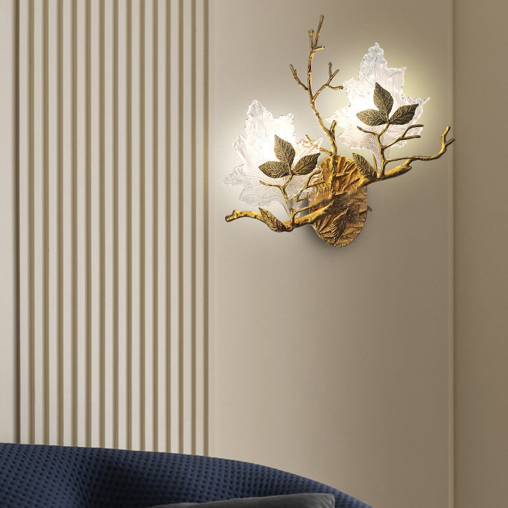 Modern Luxury Copper Colored Glass Maple Leaf Branch 2-Light Wall Sconce Lamp For Living Room