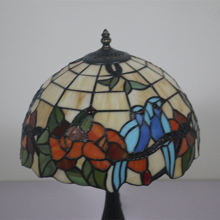 Traditional Tiffany Stained Glass Rose Flower Parrot Dome 1-Light Table Lamp For Bedroom