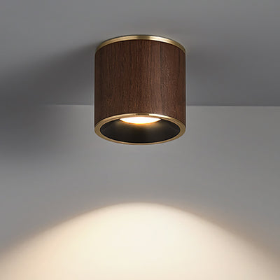 Traditional Chinese Walnut Aluminum Round Cylinder LED Flush Mount Ceiling Light For Hallway