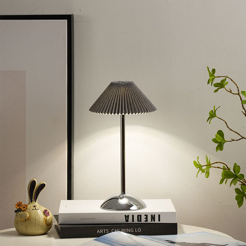 Contemporary Scandinavian Rechargeable Iron Fabric Conic Pleated LED Table Lamp For Bedside