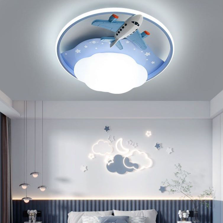 Contemporary Creative Resin Cartoon Airplane Rabbit Iron LED Kids Flush Mount Ceiling Light For Bedroom