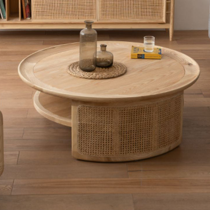 Contemporary Nordic Round Wood Rattan Coffee Table 2-Tier For Living Room