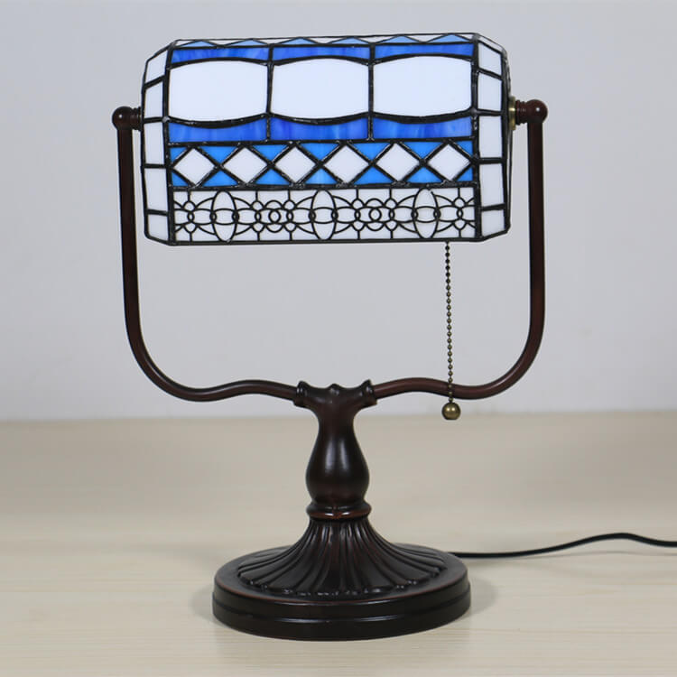 Traditional Tiffany Geometric Stained Glass Bank Pull Cord 1-Light Table Lamp For Home Office