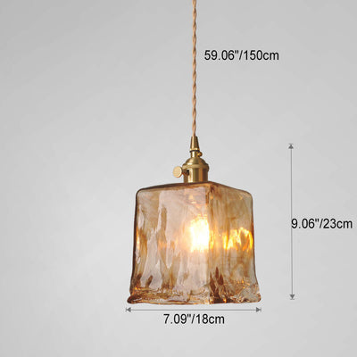 Contemporary Retro Brass Geometric Square Amber Glass Shade 1-Light Pendant Light For Living Room