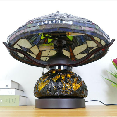 Traditional Tiffany Iron Glass Conic Dragonfly Water Lily 2/3 Light Table Lamp For Study