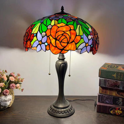 Traditional Tiffany Umbrella Flower Dragonfly Alloy Stained Glass 2-Light Table Lamp For Bedroom