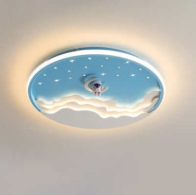 Contemporary Creative Kids Round Cloud Astronaut Iron LED Flush Mount Ceiling Light For Bedroom